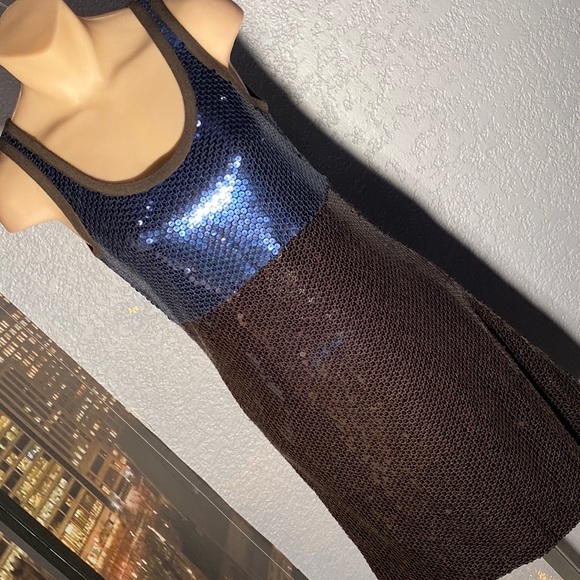 TORY BURCH - brown bodycon dress stretchy mesh navy & black allover sequins - S